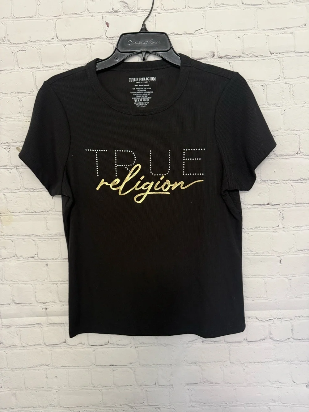 NWOT True Religion Black Short Sleeve Ribbed Tee with Gold Logo Size Lg